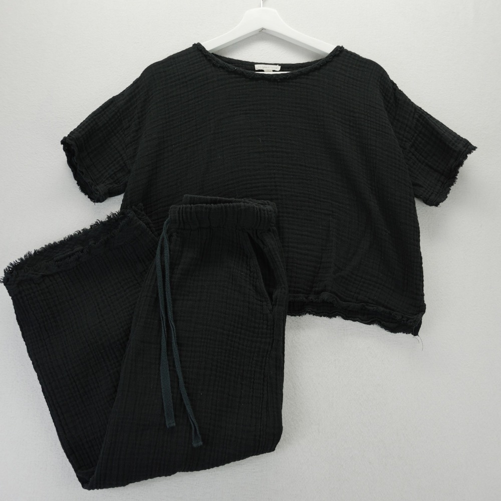 Eileen Fisher Organic Cotton Gauze Top/Pants Set Black XS/XXS Raw Hem Lagenlook